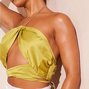 PLT green satin chain detailed halter crop top